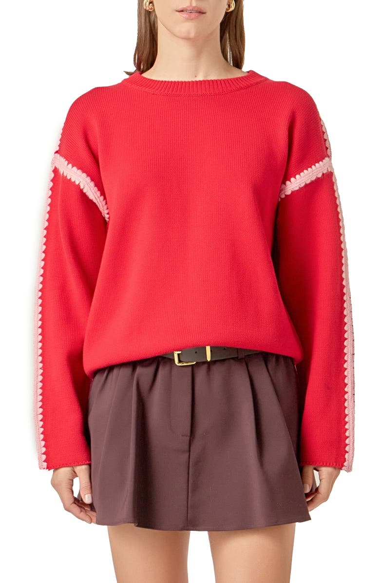 English Factory Stitch Detail Relaxed Fit Cotton Sweater, Main, color, Red/ Pink