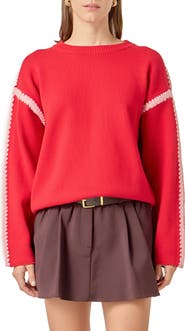 English Factory Stitch Detail Relaxed Fit Cotton Sweater