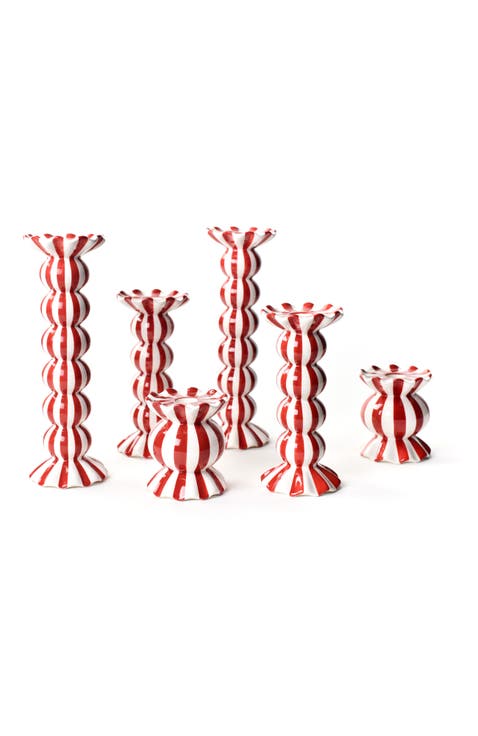 Red Stripe Knobbed Candle Holder with Ruffle 6 Piece Set