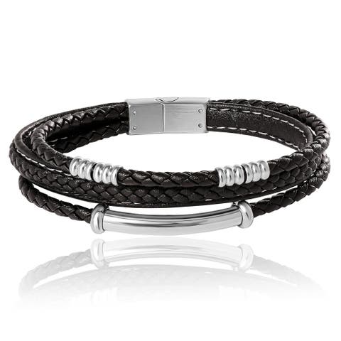 Stainless Steel Triple Row Black Cord Bracelet - 8.25"