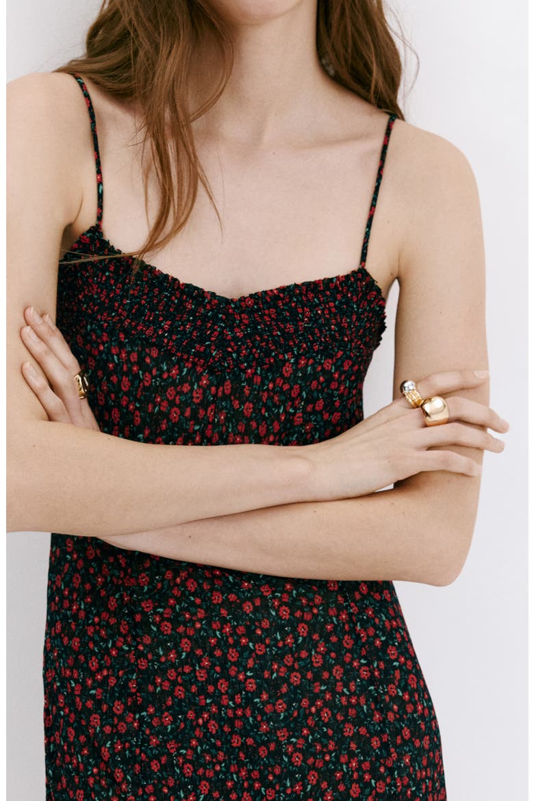 Floral Print Smocked Sleeveless Midi Dress, Alternate, color, BLACK