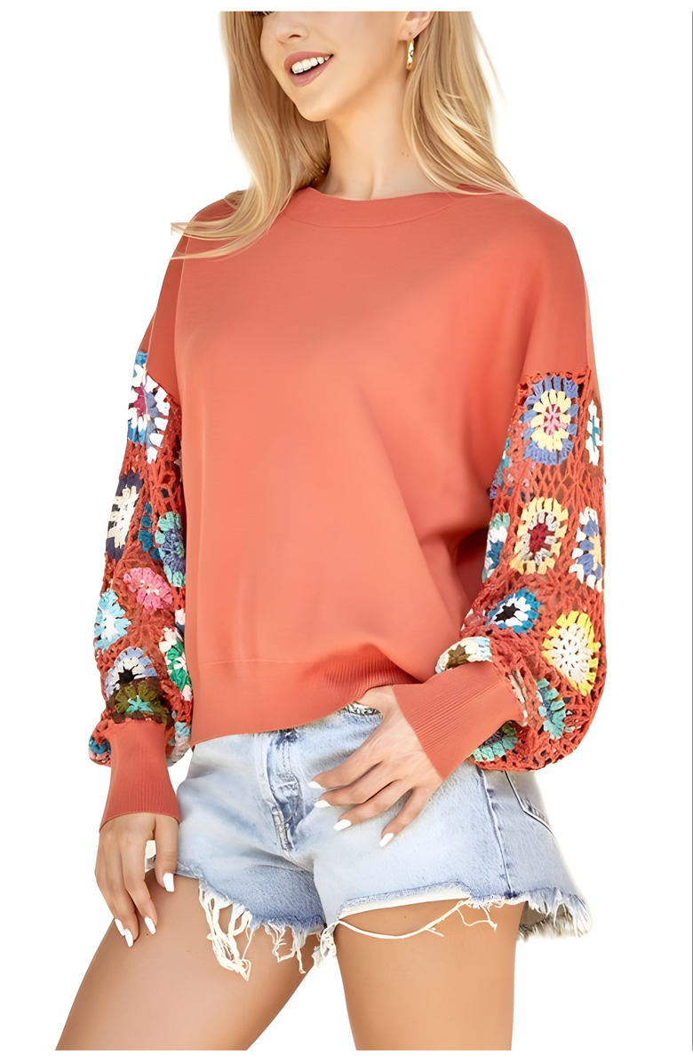 Knit and Lounge French Terry Crochet Balloon Sleeve Sweater, Alternate, color, 