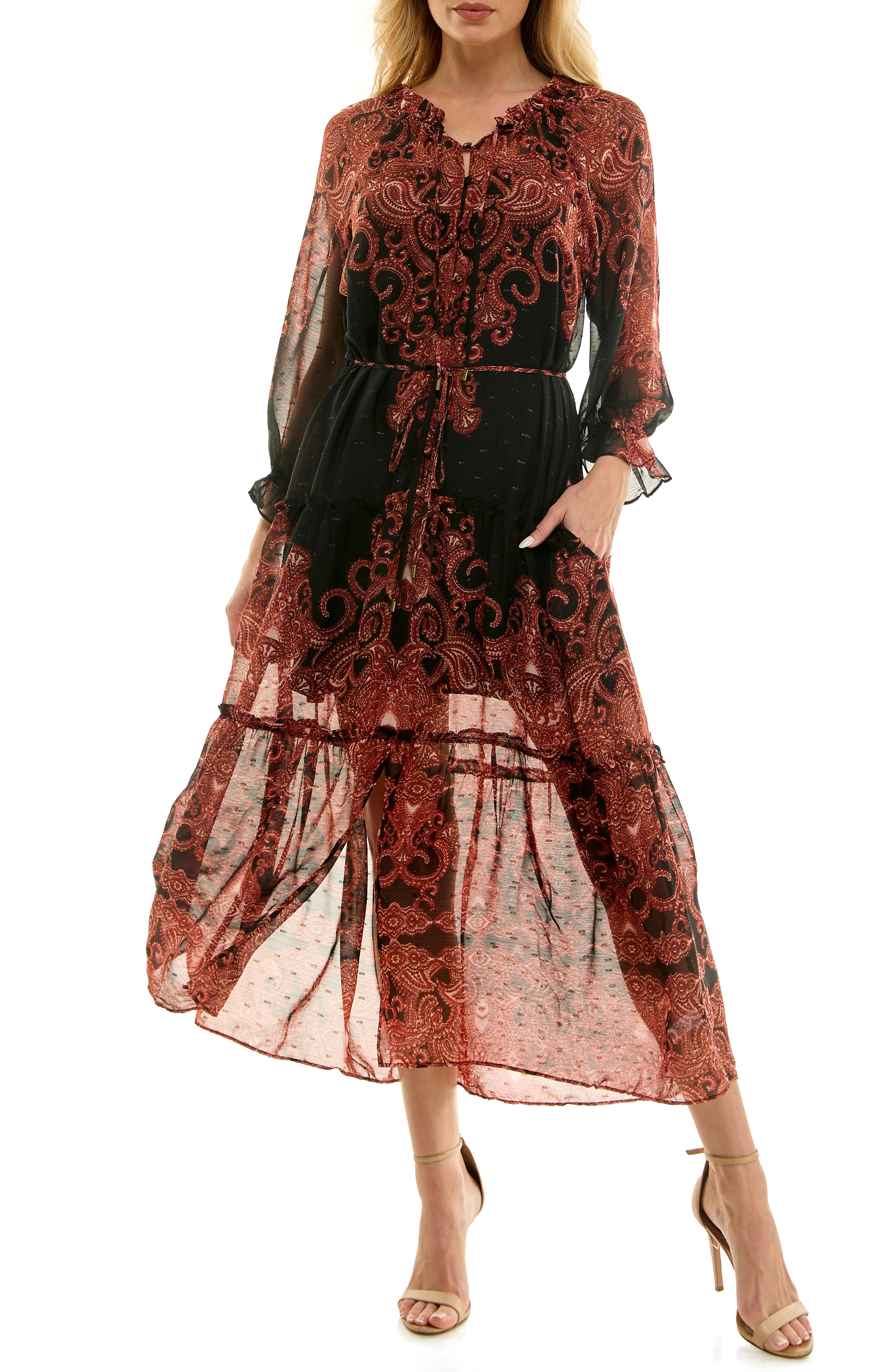 Socialite Poet Long Sleeve Chiffon Midi Dress