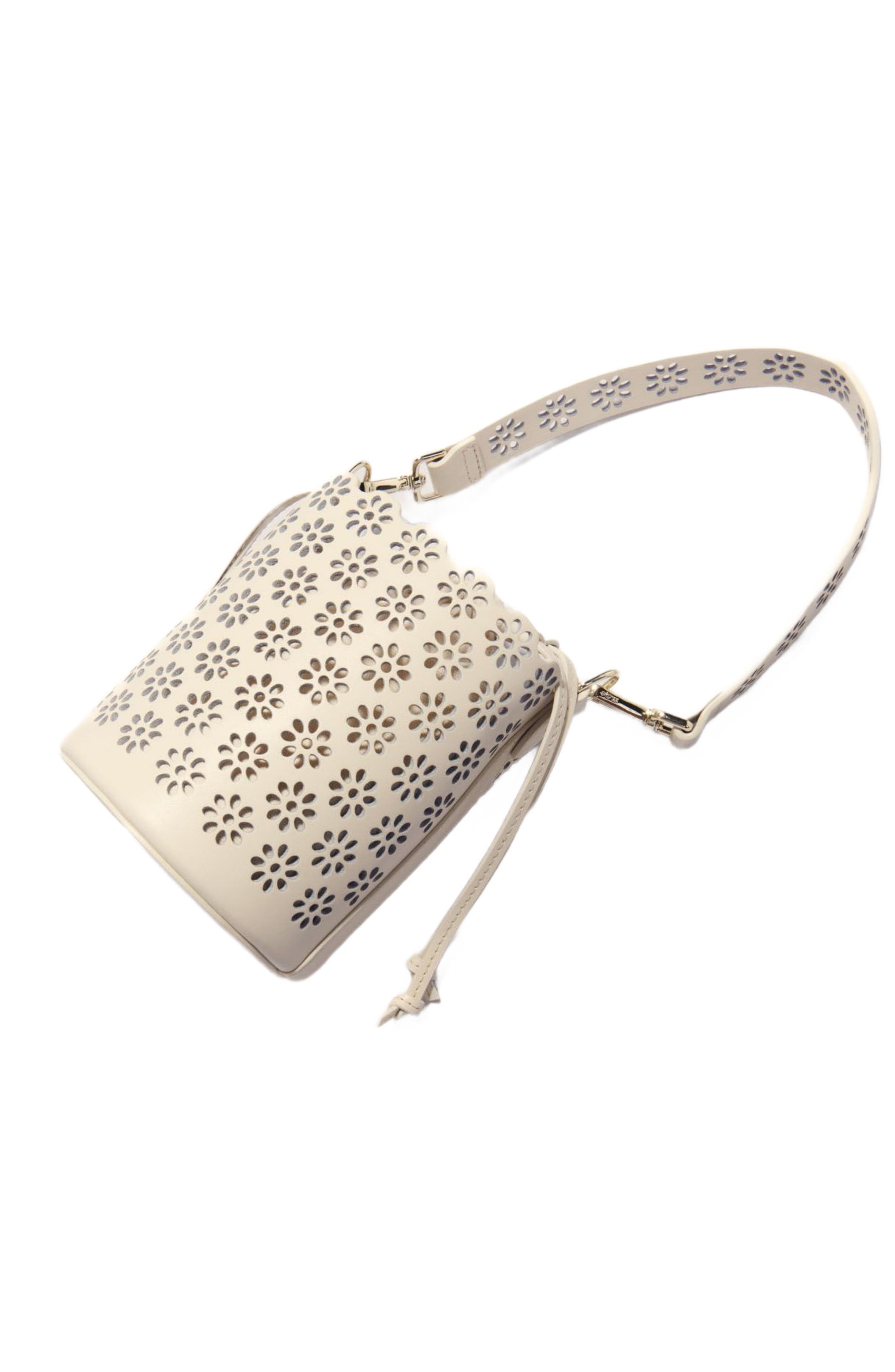 maje Perforated leather bucket bag, Alternate, color, 