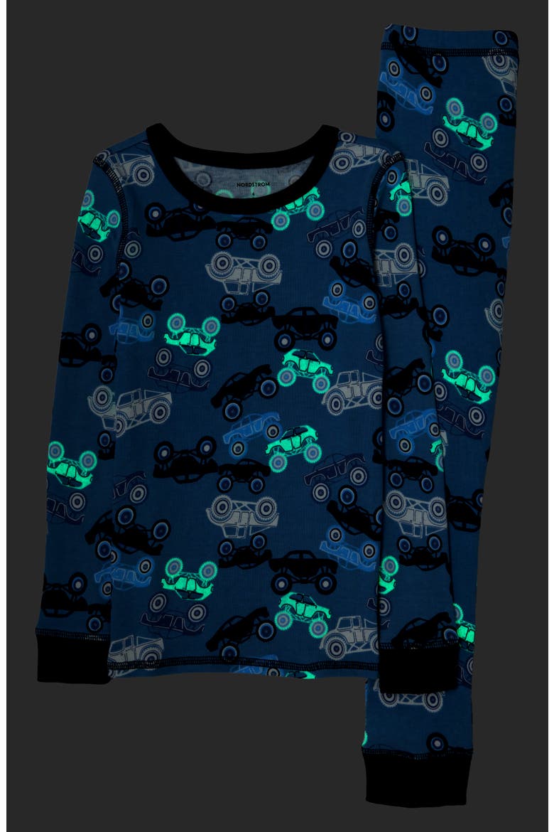 Kids' Glow in the Dark Fitted Two-Piece Pajamas, Alternate, color, BLUE COLONY TRUCKS GLOW