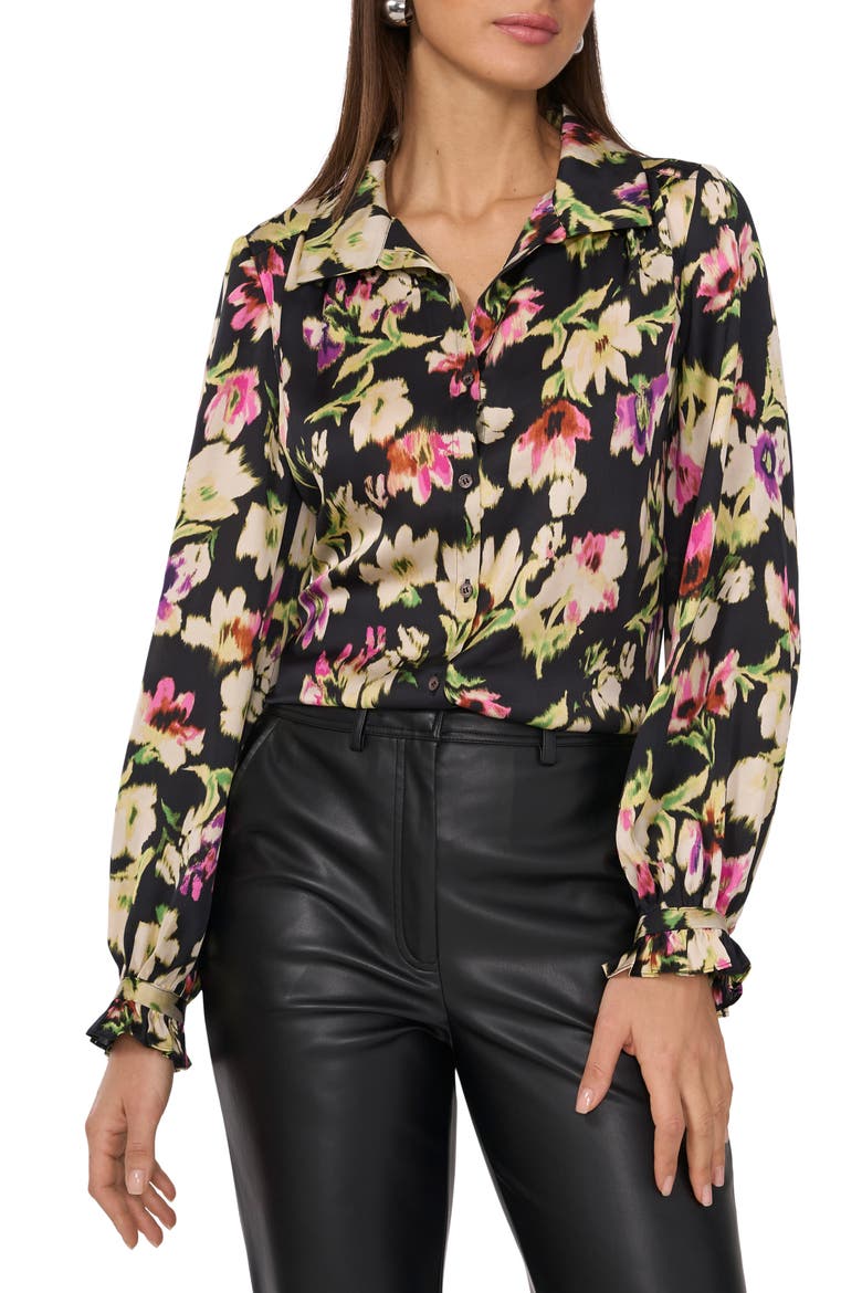 Ruffle Cuff Satin Button-Up Shirt, Main, color, RICH BLACK