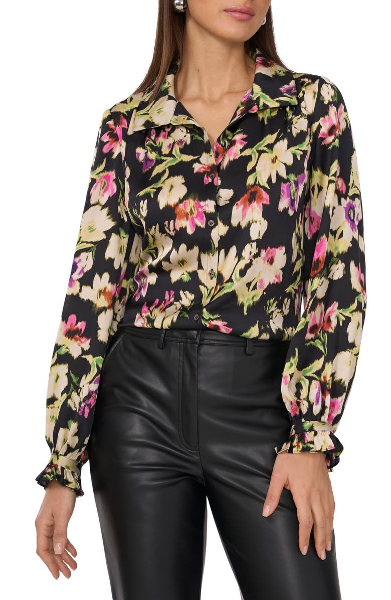 Vince Camuto Ruffle Cuff Satin Button-Up Shirt, Main, color, Rich Black
