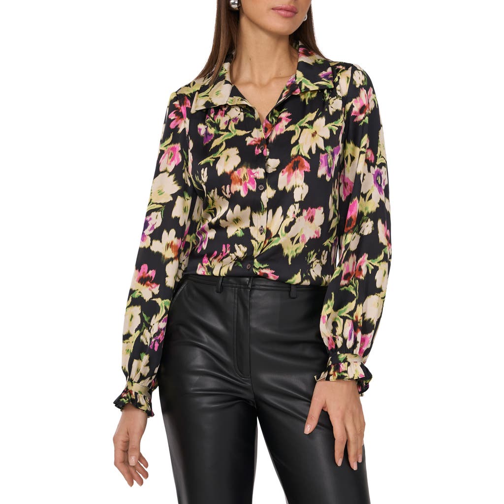 Vince Camuto Ruffle Cuff Satin Button-up Shirt In Black