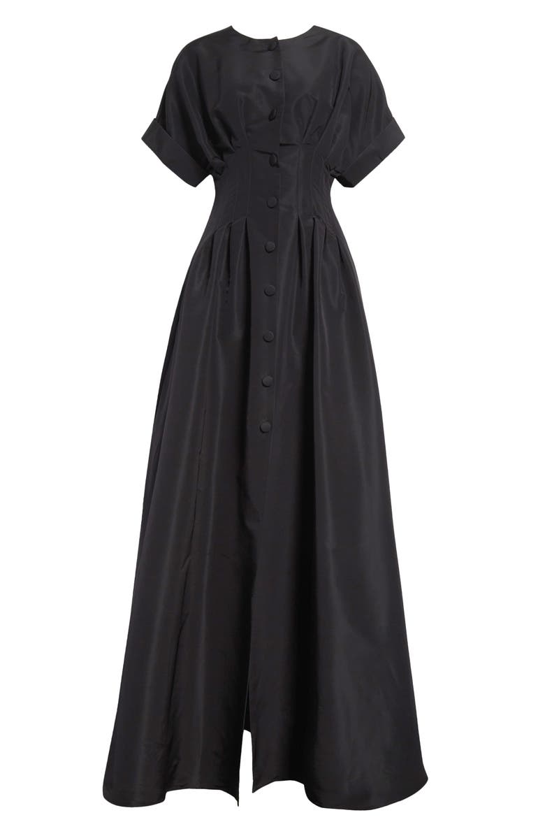 Carolina Herrera Cuffed Short Sleeve Button Front Silk Faille Gown, Alternate, color, Black