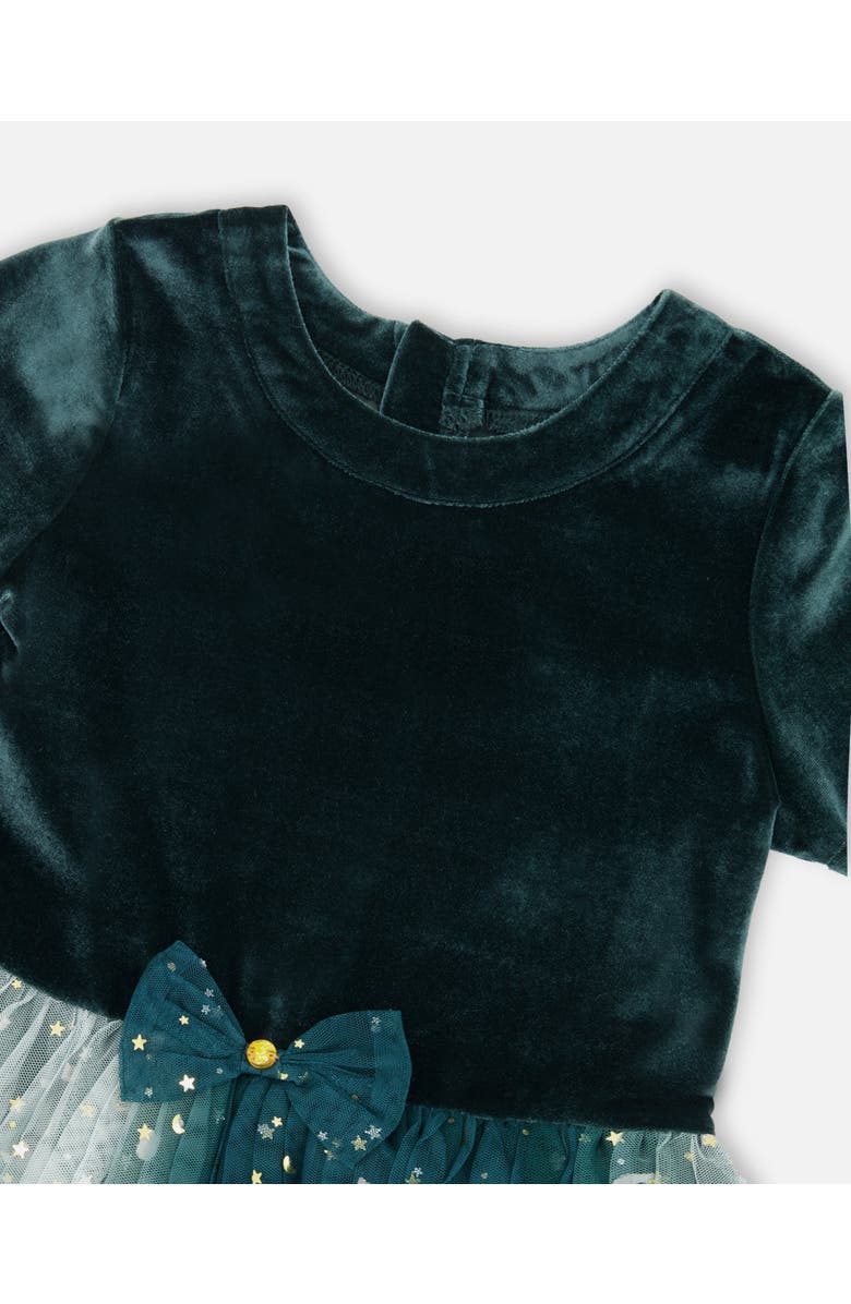 Deux par Deux Bi-Material Short Sleeve Party Dress, Alternate, color, Forest Green