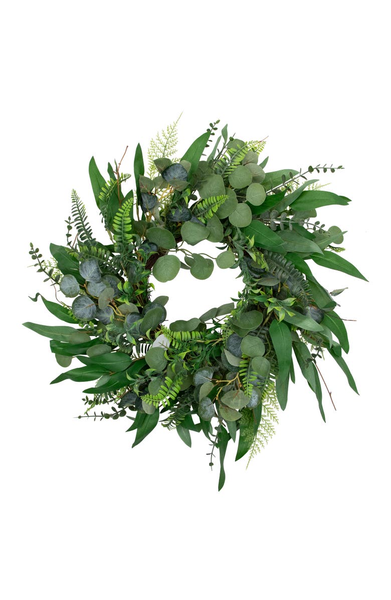 Northlight Eucalyptus and Fern Mixed Foliage Artificial Spring Wreath - 24", Main, color, Green
