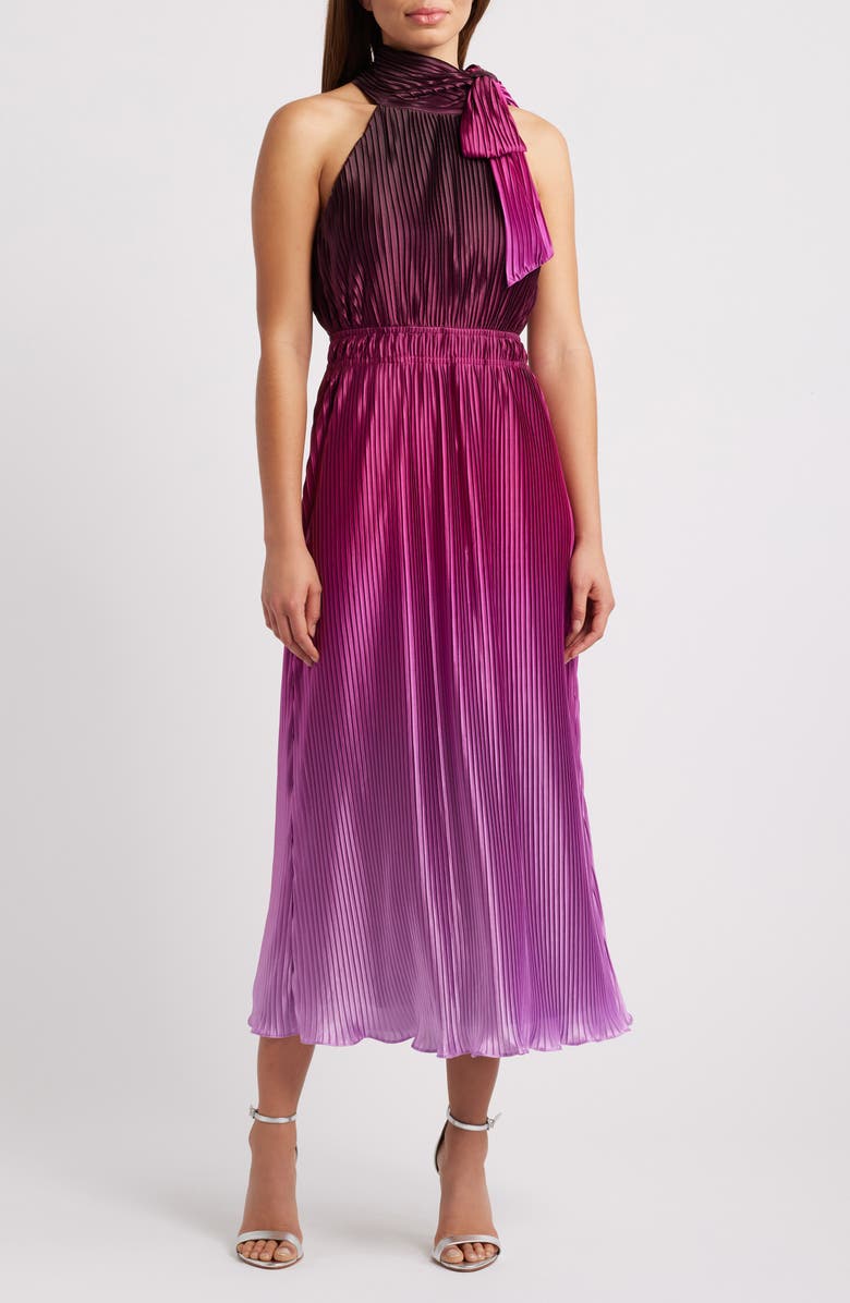 Anne Klein Pleated Tie Neck Midi Dress, Main, color, 