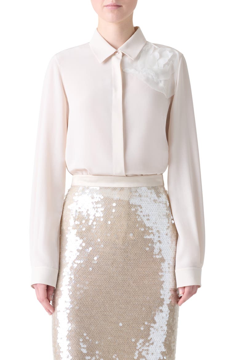 Embellished Silk Crepe Button-Up Shirt, Main, color, VANILLA