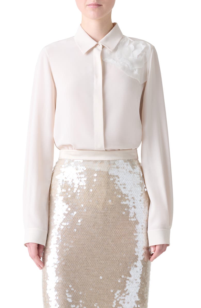 Akris Embellished Silk Crepe Button-Up Shirt, Main, color, Vanilla