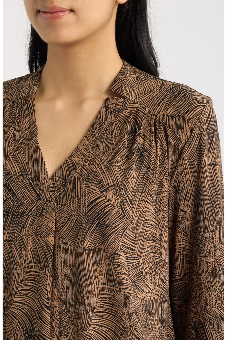 Printed Notched V-Neck Long Sleeve Top, Alternate, color, ANNE BLACK / VICUNA