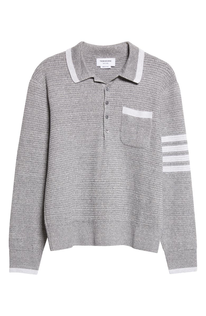 Thom Browne Relaxed 4-Bar Textured Stitch Linen & Cotton Polo Sweater, Main, color, Light Grey