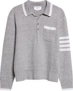 Thom Browne Relaxed 4-Bar Textured Stitch Linen & Cotton Polo Sweater