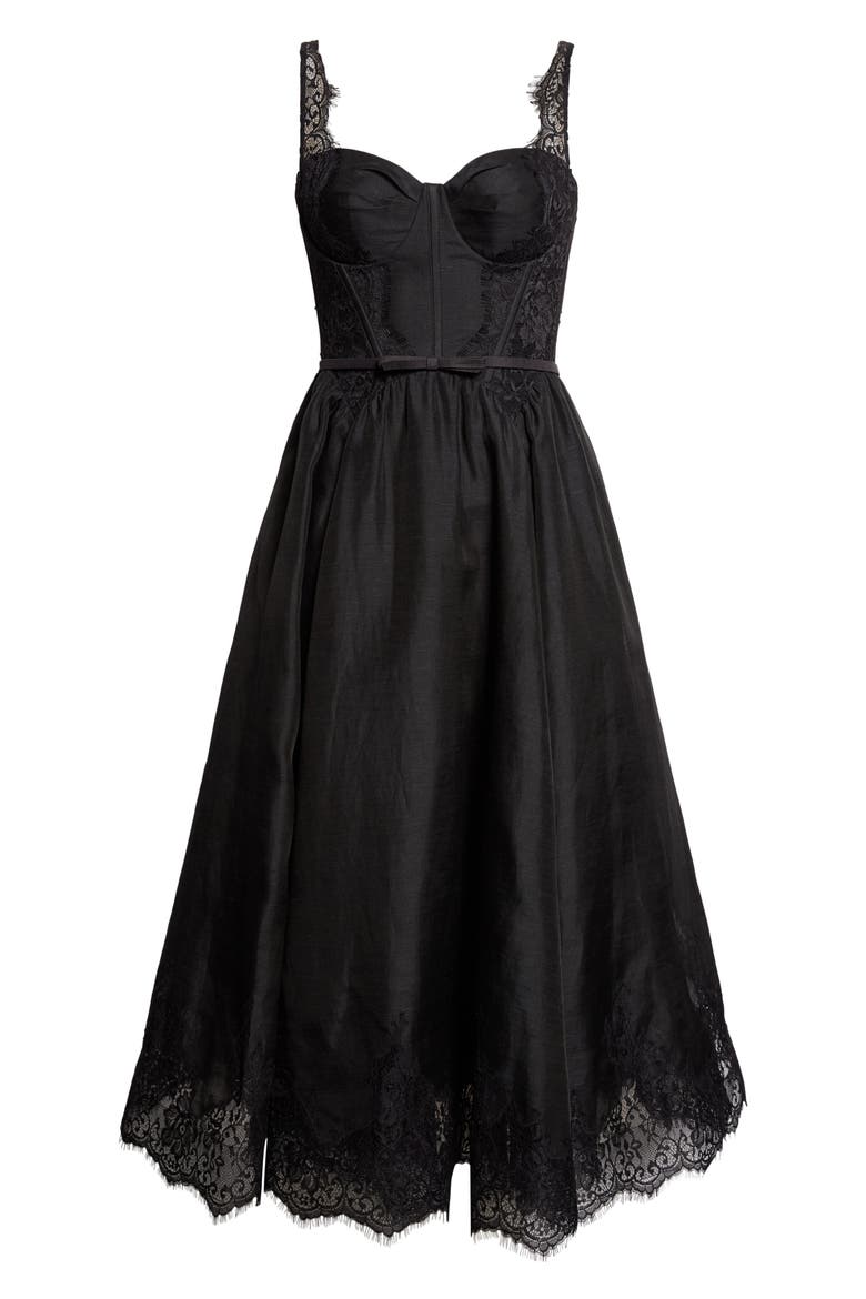 Valiant Lace Trim Corset Midi Dress, Alternate, color, BLACK