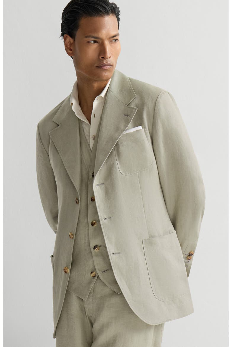 Linen micro chevron unlined blazer, Alternate, color, Sage