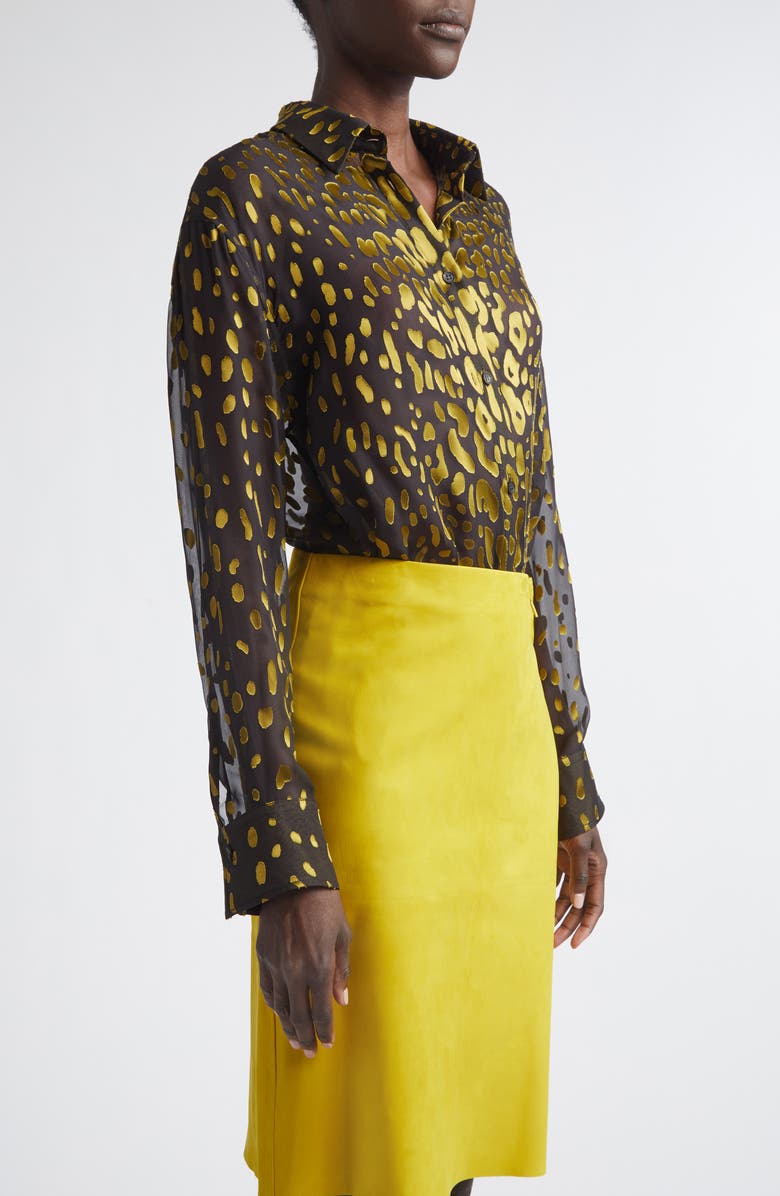 FERRAGAMO Devoré Silk Blend Georgette Button-Up Shirt, Alternate, color, Expresso/ Brasswood