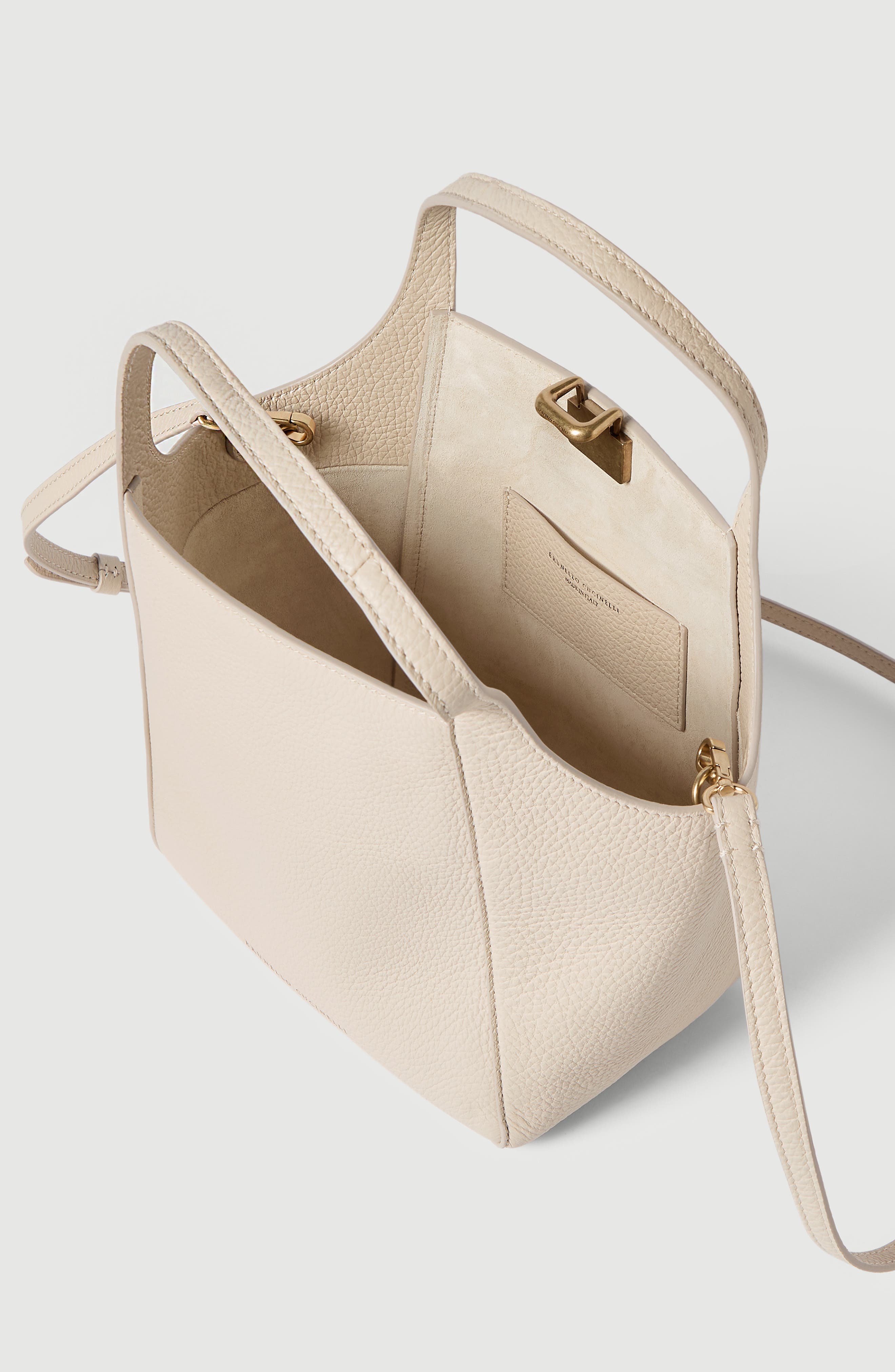 Sartorial small bucket bag in soft grained leather, Alternate, color, Ivory