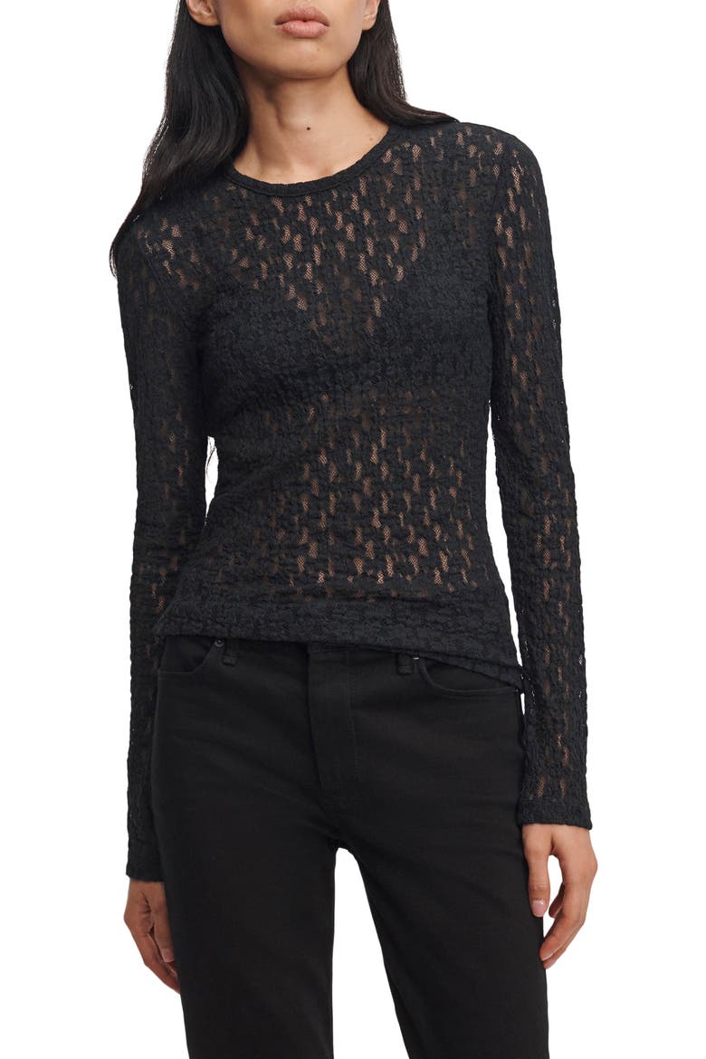 Bardot Long Sleeve Lace Top, Main, color, BLACK