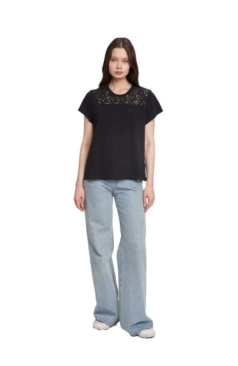 WILT Clothing Easy Short Sleeve Crew Lace Yoke, Alternate, color, Black