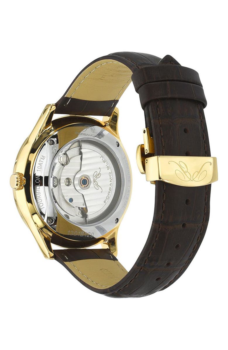 PORSAMO BLEU William Automatic Tourbillon Croc Embossed Leather Strap Watch, 45mm, Alternate, color, Brown