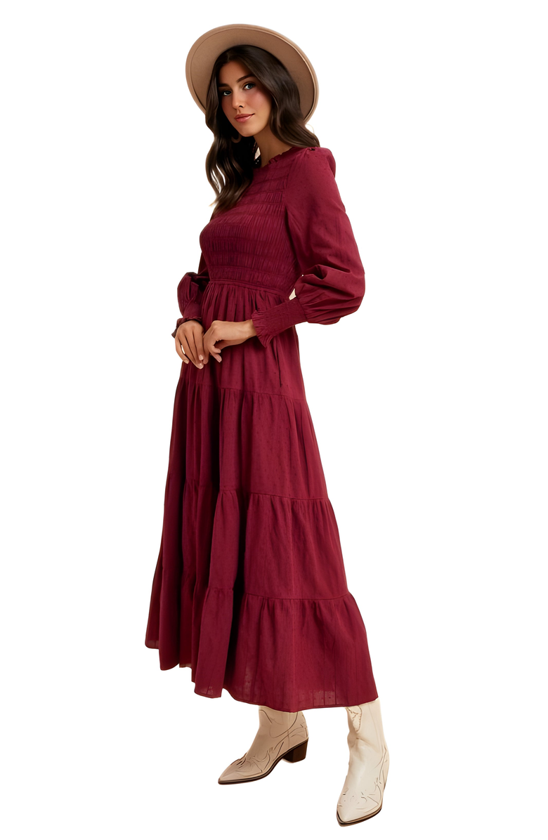 Knit and Lounge Smocked Bodice Tiered Maxi Dress with Long Sleeves, Alternate, color, 