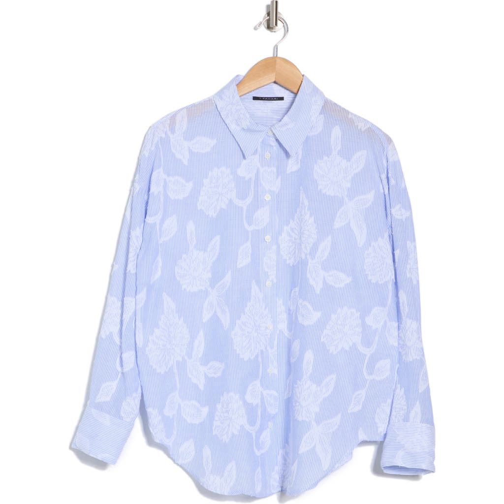 T TAHARI T TAHARI EMBOSSED FLORAL STRIPE BUTTON-UP SHIRT