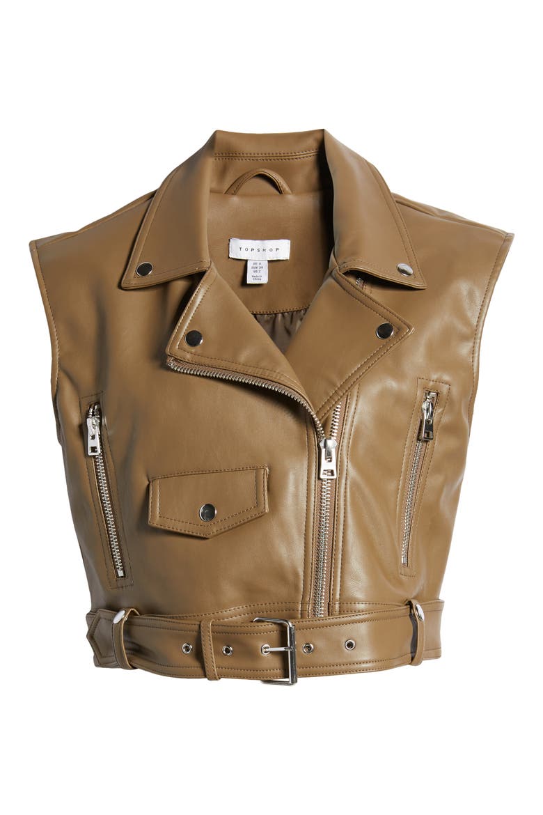 Crop Faux Leather Biker Vest, Main, color, BROWN