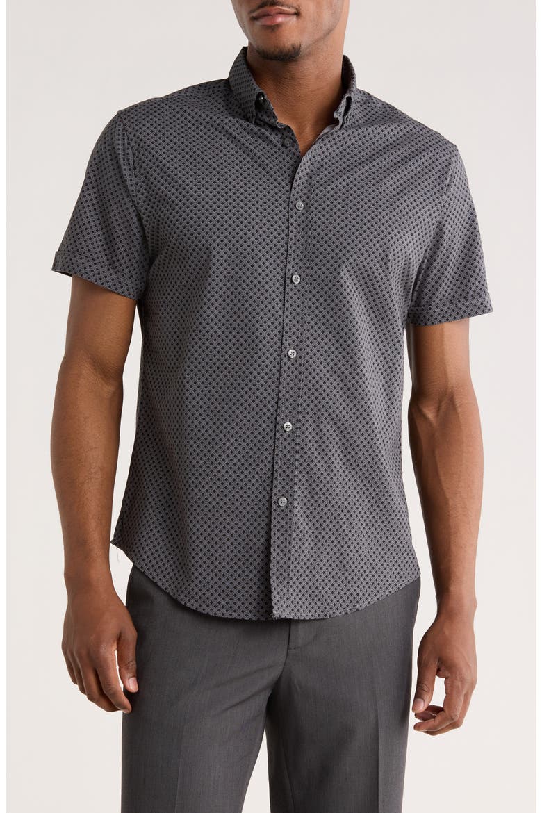 Geometric Print Short Sleeve Button-Down Shirt, Main, color, GREY