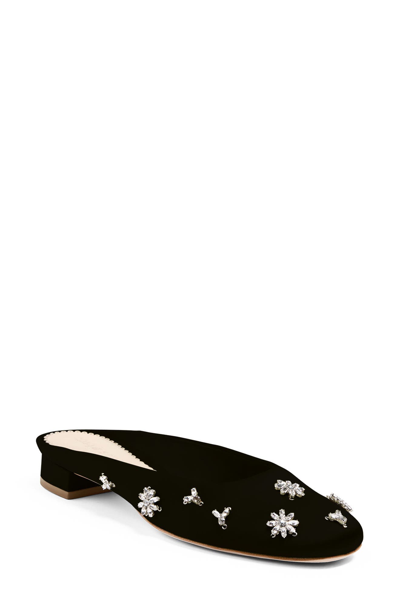 Cinq à Sept Callie Crystal Embellished Satin Mule, Main, color, Black/ Clear