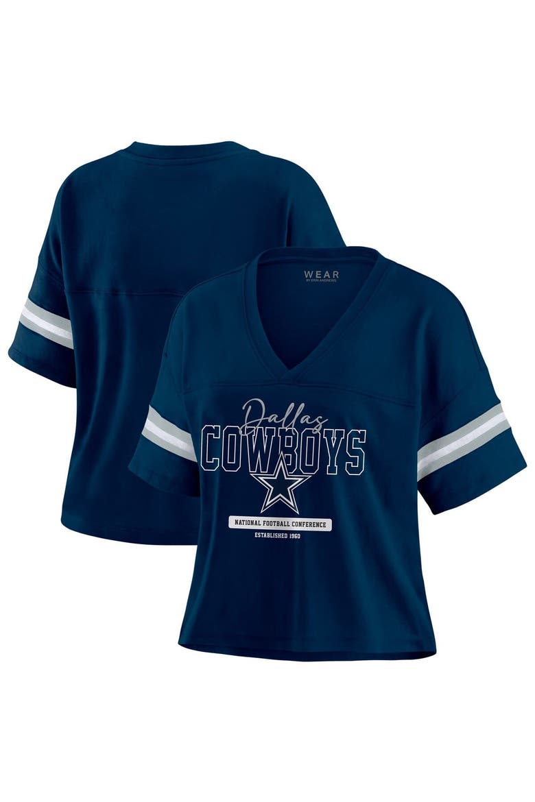 Women's WEAR by Erin Andrews Navy Dallas Cowboys Color Block Boxy Modest Crop V-Neck T-Shirt, Alternate, color, Navy
