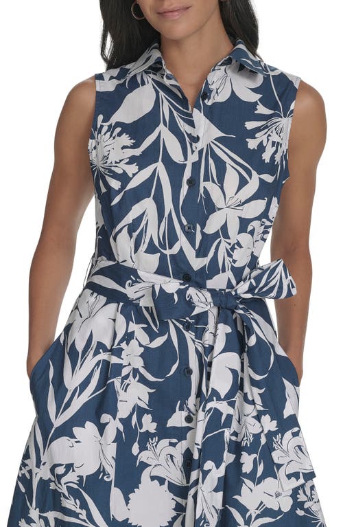 Calvin Klein Floral Sleeveless Cotton Shirtdress In Indigo Multi