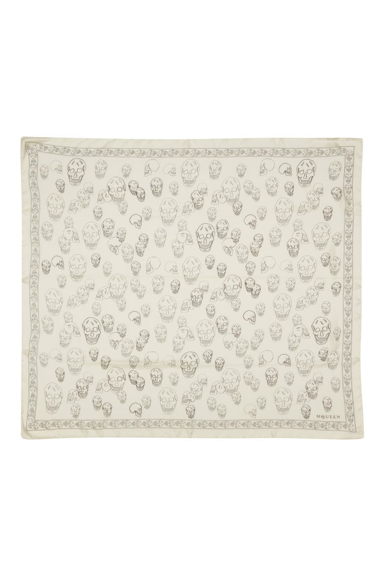 Hand Painted Skull Silk Chiffon Square Scarf, Main, color, IVORY/ BLACK