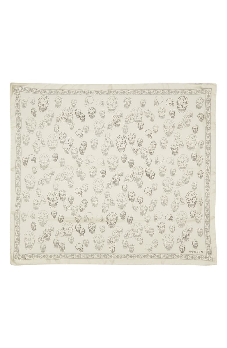 McQueen Hand Painted Skull Silk Chiffon Square Scarf, Main, color, Ivory/ Black
