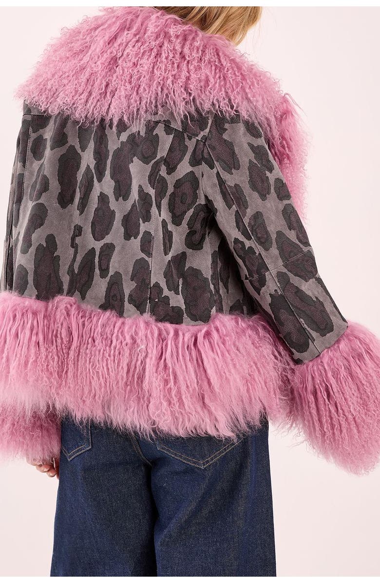 NASTY GAL Printed Shearling Leather Jacket, Alternate, color, Charcoal