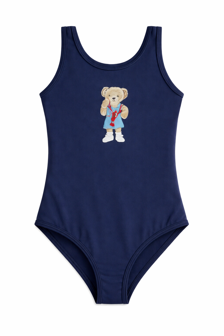 Baby Girls Navy One-Piece Swimsuit with Bear Artwork, Main, color, Navy Blue
