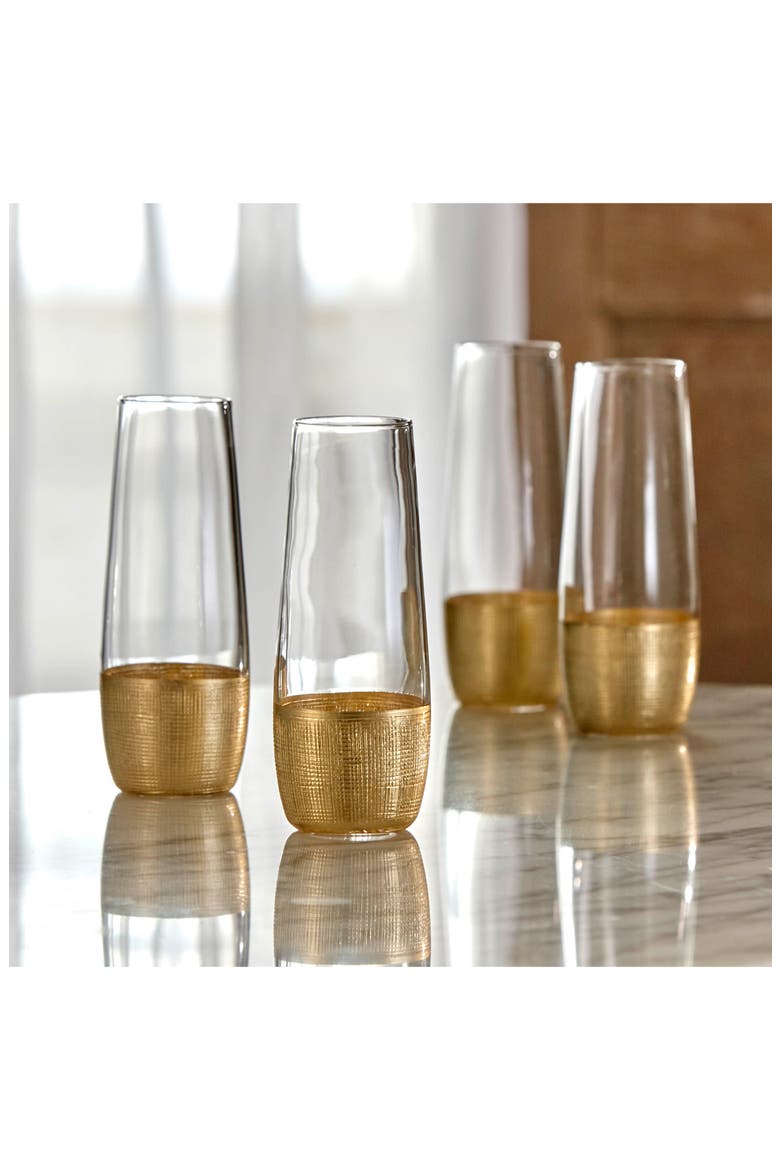 Linen Set of 4 Stemless Champagne Flutes, Alternate, color, GOLD