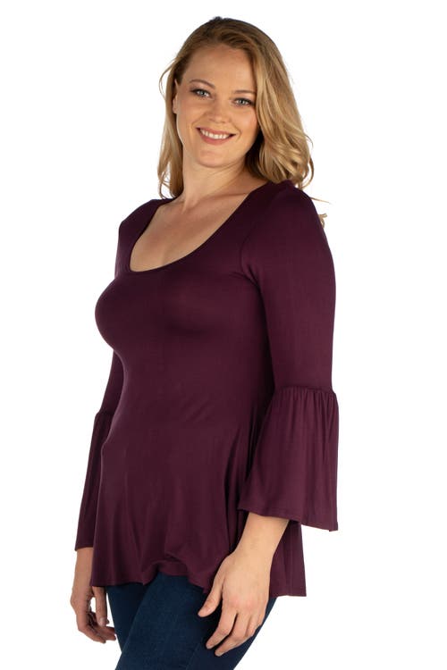 24seven Comfort Apparel Plus Size Long Bell Sleeve Flared Tunic Top In Purple