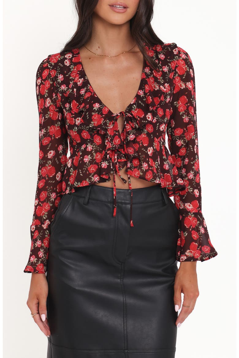 Aveline Ruffle Tie Front Chiffon Top, Main, color, BROWN FLORAL
