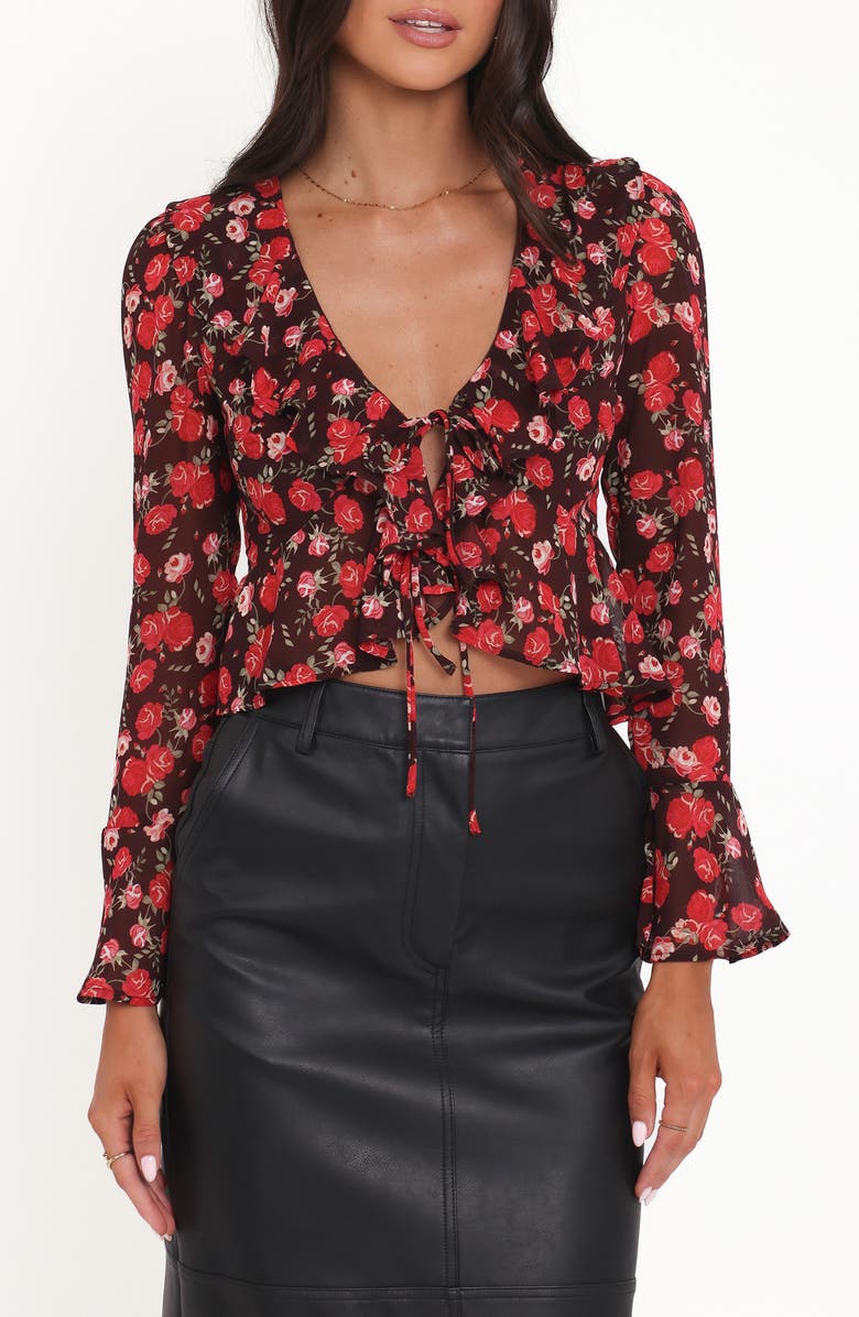 Petal & Pup Aveline Ruffle Tie Front Chiffon Top, Main, color, Brown Floral