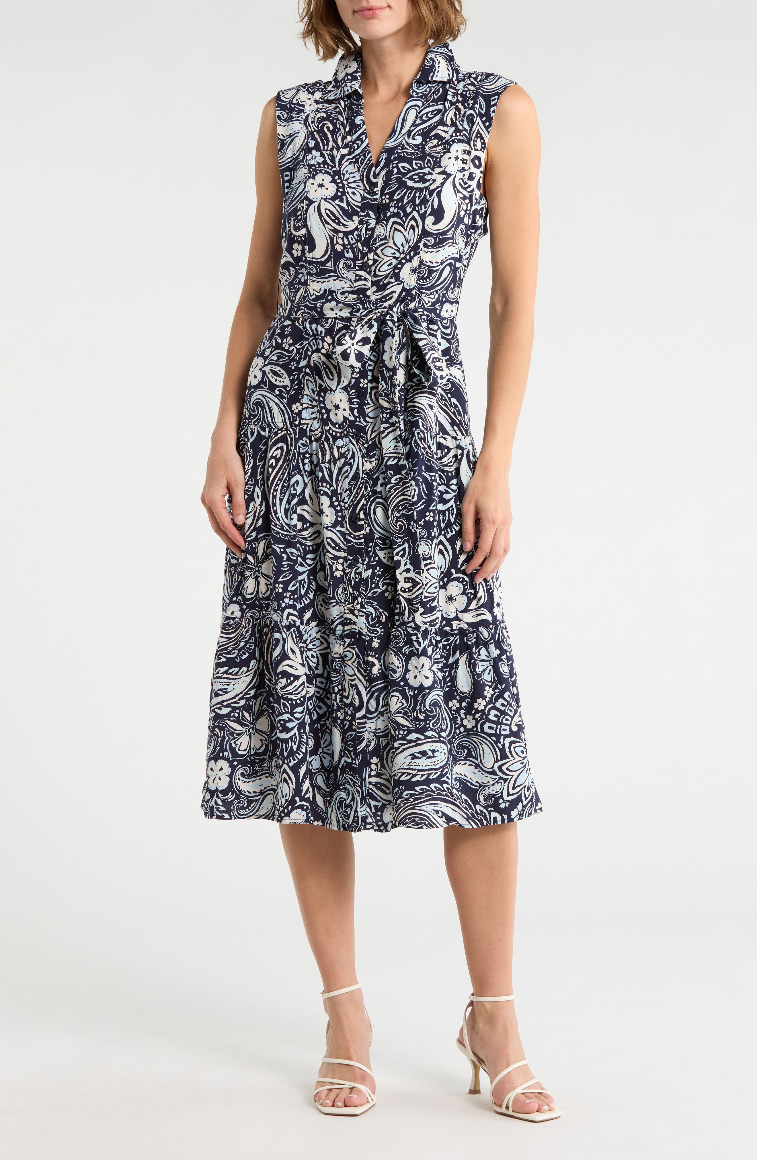 Ellen Tracy Cap Sleeve Tiered Midi Shirtdress