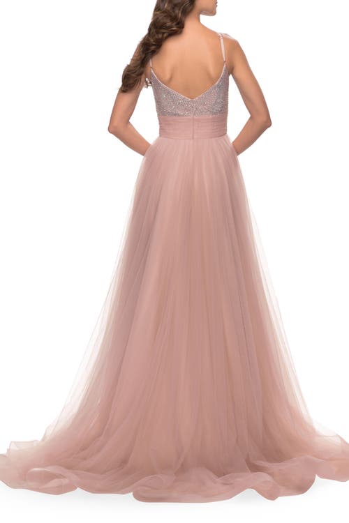 La Femme Tulle Gown With Full Skirt And Rhinestone Bodice In Dusty Mauve