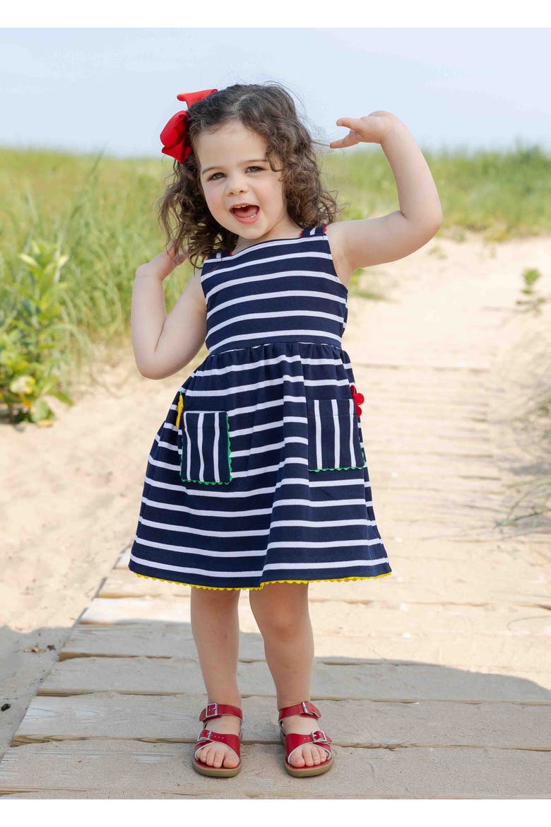 Stripe Knit Dress With Ric Rac And Flowers, Alternate, color, Navy / White