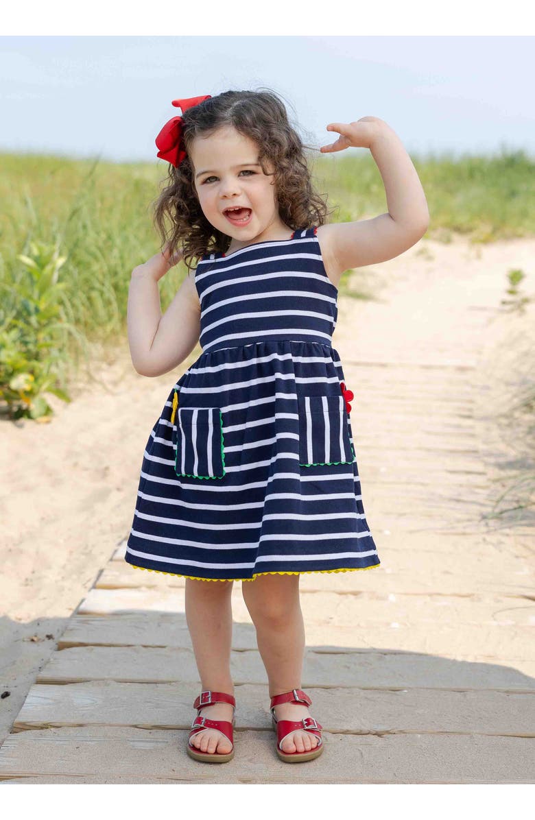 Florence Eiseman Stripe Knit Dress With Ric Rac And Flowers, Alternate, color, Navy / White