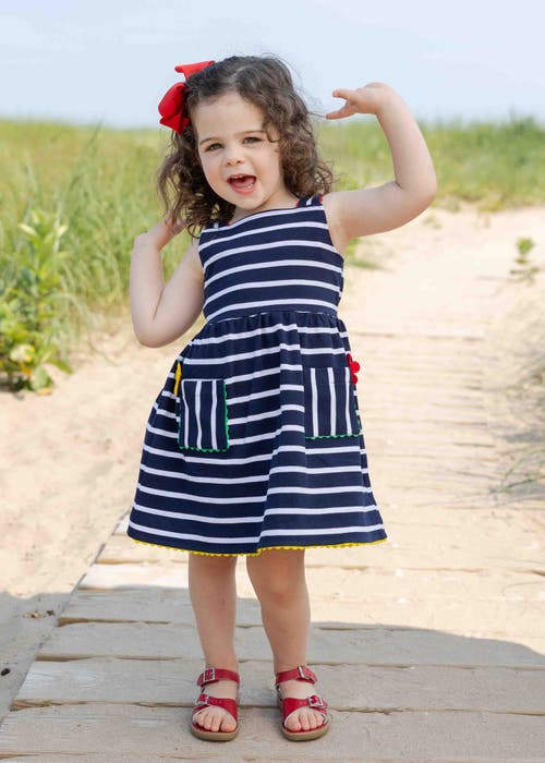 Florence Eiseman Stripe Knit Dress With Ric Rac And Flowers In Navy/white