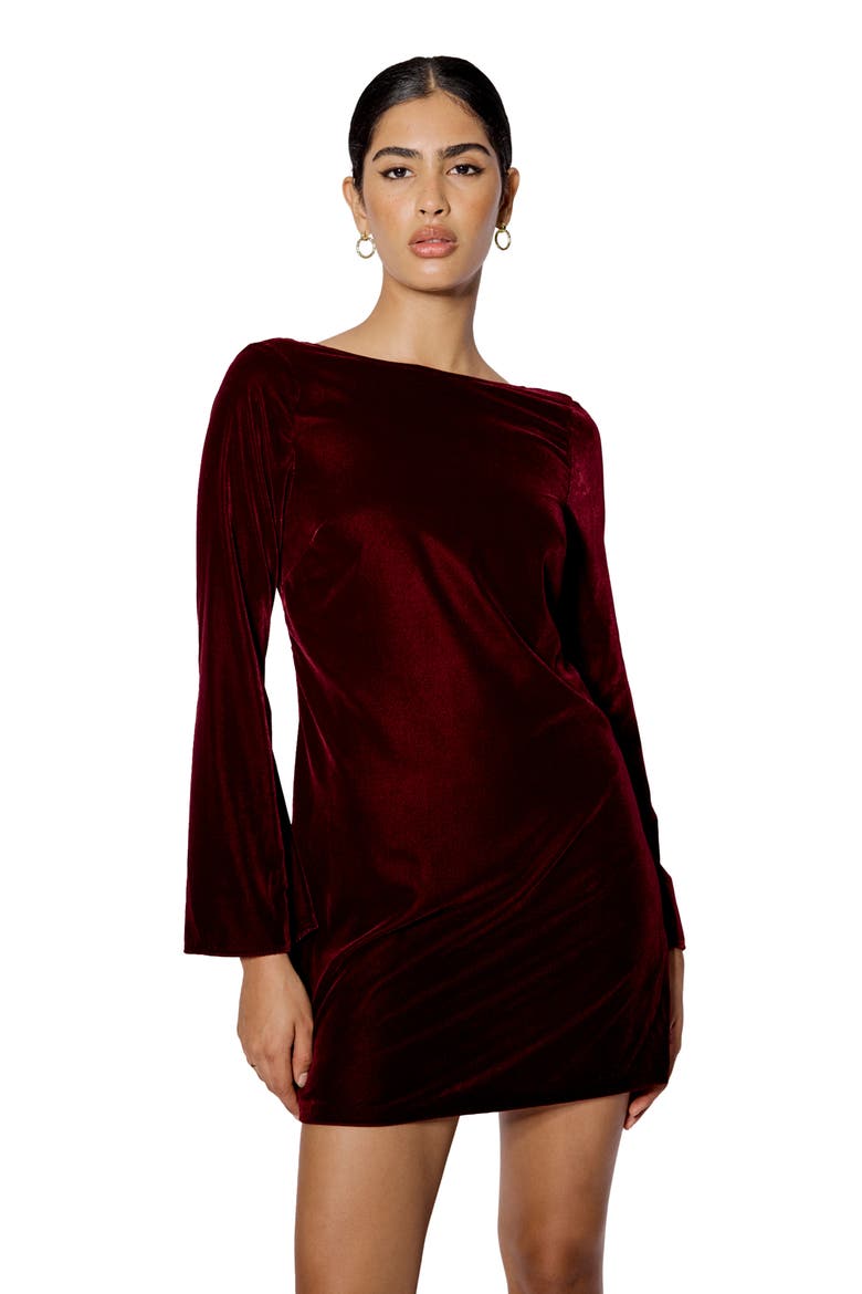 Joelle Bow Back Long Sleeve Velvet Minidress, Alternate, color, DARK RED