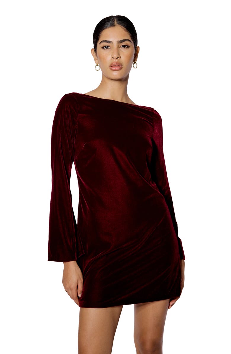 Nobody's Child Joelle Bow Back Long Sleeve Velvet Minidress, Alternate, color, Dark Red